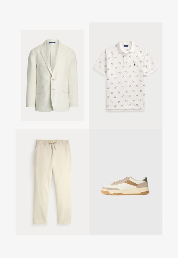 Heledat värvi linane jakk, millel on ühe nupuga kinnis, sälkidega krae ja kaks esitaskut. Kootud kangas ja lõdva istuvusega.; Valge puuvillane polo särk, millel on korduv sinine koera muster ja väike sinine logo rinnal. Lühikesed varrukad ja krae.; Kreemjatavad vabaaja püksid elastse vöökoha ja tõmbluku, sirgete jalgade ja küljetaskutega tavalise tausta ees.; Beige, kreemi ja oliivroheline spordijalats, mis on valmistatud nahast ja sametmaterjalist, ringikujulise varbaga, minimalistliku disainiga ja kummist tallaga.