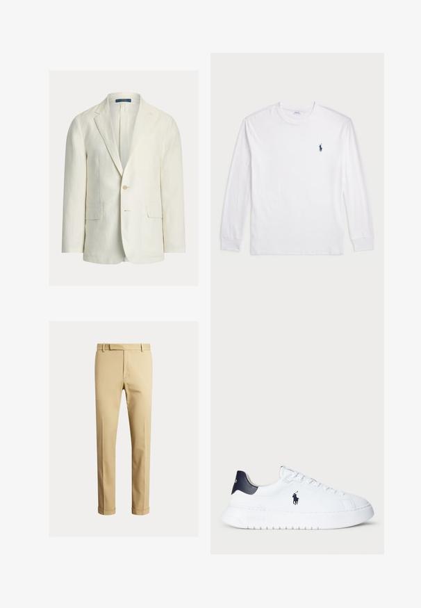 Šviesios spalvos lino švarkas su vieno mygtuko užsegimu, žirkliniais atlapais ir dviem priekinėmis kišenėmis. Tekstūruota medžiaga, laisvo silueto.; Balta ilgomis rankovėmis marškinėliai iš medvilnės. Gali būti apvalios formos kaklas, raukšlės ant rankovių, ir nedidelis tamsiai mėlynas polo logotipas kairėje krūtinės pusėje.; Kaki chinos, pagaminti iš lygaus medvilnės audinio, turintys prigludusį siluetą, priekinę klostę ir manžetę ties kulkšnimis, siekiant siauresnio vaizdo.; Balti odiniai sportbačiai su tekstūruotu paviršiumi, tamsiai mėlynos spalvos kulno akcentu ir mažo tamsiai mėlyno logotipo šone. Storas baltas padas su briaunuotu dugnu.
