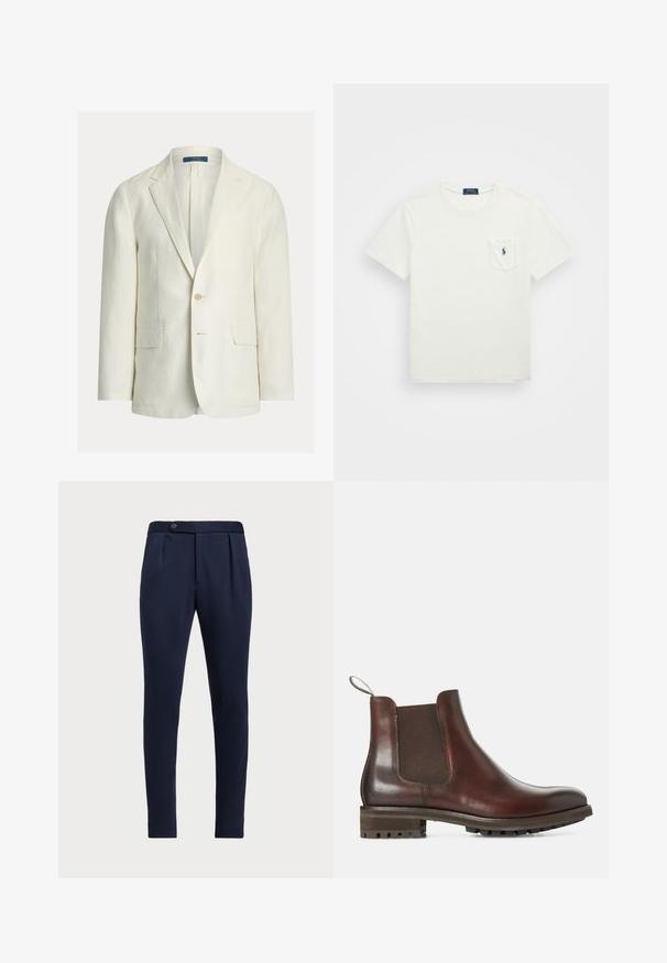 Heledat värvi linane jakk, millel on ühe nupuga kinnis, sälkidega krae ja kaks esitaskut. Kootud kangas ja lõdva istuvusega.; Valge puuvillane T-särk lühikeste varrukatega, ümar kaelus ja rinnatasku. Taskul on tumesinine logo. Sile tekstuur, klassikaline lõige.; Tumesinine voodriga püksid, millel on tasane esiosa, kaks esirühti ja ühe nupuga sulgemine, mis on valmistatud siledast tekstuuriga kangast.; Pruunid nahast Chelsea saapad elastsete külgpaneelidega, tõmbluku ja tekstureeritud kummitaldadega. Sile viimistlus koos vastupidava madala kontsaga.