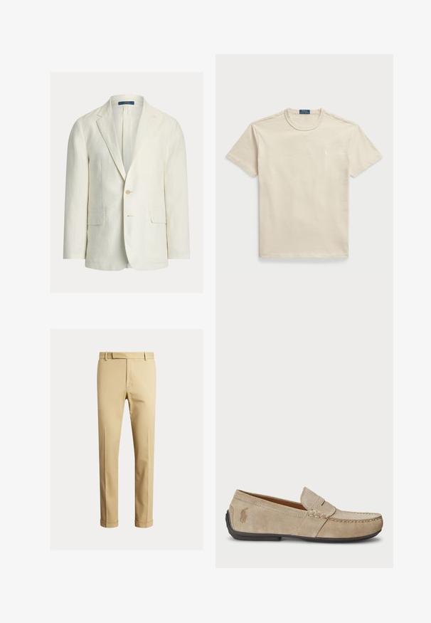 Heledat värvi linane jakk, millel on ühe nupuga kinnis, sälkidega krae ja kaks esitaskut. Kootud kangas ja lõdva istuvusega.; Beežist puuvillast T-särk ümmarguse kaelusega, lühikeste varrukatega ja väikese logoga rinnal. Sile tekstuur, vabalt langev lõige ja minimaalne disain.; Khaki chinos, mis valmistatud siledast puuvillakangast, omavad kätkiva disaini, ees pleate ning pahkluul soonikuga, mis lisab kitsendatud ilmet.; Bež sueded loafers, mille õmblustega detailide, lame kummitald ja väike logo küljel. Klassikaline libisev disain, pehme tekstuur.