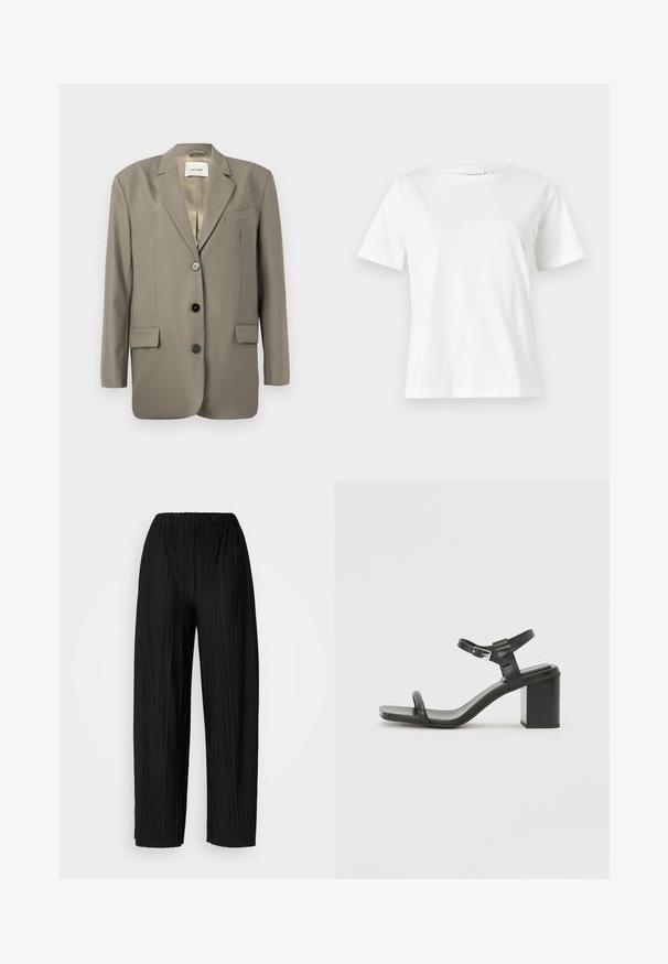 Túlméretezett szürke blézer, kihúzott hajtókával, két elülső zsebbel, három fekete gombbal és selyem béléssel. Minimalista dizájn, strukturált forma.; Fehér pamut póló rövid ujjakkal, kerek nyakkivágással és laza szabással. Sima textúra, nincsenek minták vagy díszítések, minimalista dizájn.; Fekete, pliszírozott, bőszárú nadrág rugalmas derékkal. Az anyag függőleges pliszékkel és sima textúrával rendelkezik.; Fekete bőr, tömbsarkú szandál széles pánttal a lábujjak felett és állítható bokapánttal, letisztult, minimalista dizájnnal.