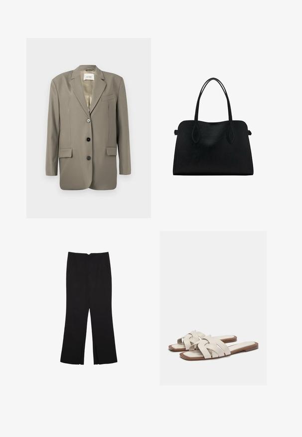 Prevelik sivi blejzer z izrezanim ovratnikom, dvema sprednjima žepoma, tremi črnimi gumbi in satensko podlogo. Minimalistična zasnova z strukturirano obliko.; Bela brezrokavna majica s krožnim izrezom, z razširjenim krojem in gladko teksturo, narejena iz lahkotnega materiala. Preprost dizajn brez motivov.; Črne hlače ravnega kroja z naglavnimi žepi in stranskimi razporki na robu. Narejene iz mehke, gladke tkanine. Primerne za različne priložnosti.; Svetlo bež natikače s tkanimi trakovi, z ravnim podplatom in minimalističnim dizajnom. Gladka tekstura z diskretnimi barvnimi kontrasti.; Črna usnjena torbica z dvema naramnima trakoma, pravokotne oblike in minimalističnim dizajnom na beli podlagi.