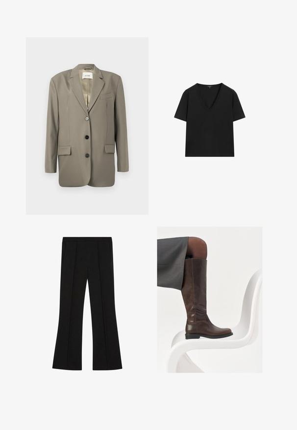 Przesadnie duży szary marynarka z klapami, dwoma przednimi kieszeniami, trzema czarnymi guzikami i satynową podszewką. Minimalistyczny design z wyraźnie zarysowanym kształtem.; Czarny T-shirt z krótkim rękawem i dekoltem w serek o prostym, dopasowanym kroju na białym tle.; Czarne skrojone spodnie z wysokim stanem, przednimi zakładkami, bocznymi kieszeniami i delikatnym rozszerzeniem u dołu nogawek.; Brązowe skórzane wysokie buty do kolan z okrągłym noskiem, gładką fakturą i minimalnymi detalami przeszycia, ustawione na jasnym tle na białym krześle.