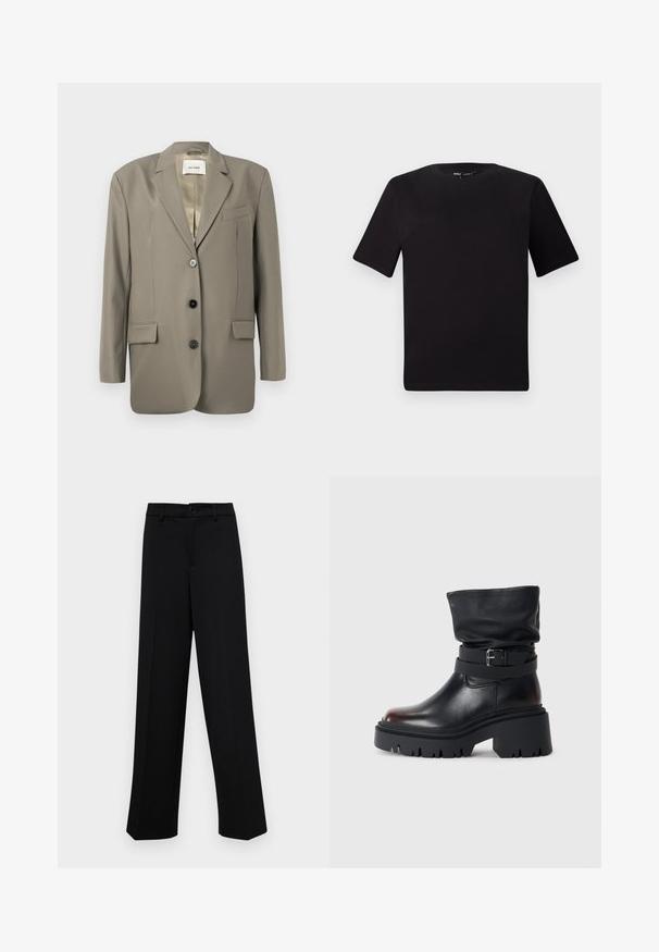 Prevelik sivi blejzer s reverom, dva prednja džepa, tri crna dugmeta i satenska podstava. Minimalistički dizajn s strukturiranim oblikom.; Crna majica kratkih rukava s okruglim izrezom, izrađena od mekane pamučne tkanine. Jednostavan dizajn, bez vidljivih logotipa ili uzoraka.; Crne široke hlače od glatkog materijala, s klasičnim pojasom koji se zatvara dugmetom i prednjim naborima.; Crne kožne čizme do gležnja s opuštenim gornjim dijelom, detaljem kopče i debelim, robusnim đonom. Imaju okrugli vrh i glatku teksturu.