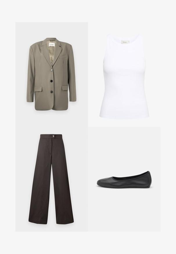 Per didelė pilka švarkas su iškirptu apykakle, dviem priekinėmis kišenėmis, trimis juodais mygtukais ir satino pamušalu. Minimalistinis dizainas su struktūruota forma.; Baltas giliai iškirptas tank topas su ruoželiais, be rankovių. Tamprus audinys ir prigludęs dizainas. Etiketė ant nugaros su užrašu "GESTUZ."; Juodos plačios kojos kelnės su lygiu paviršiumi, turinčios priekį užsegamą mygtuką ir švarų, paprastą dizainą. Nėra matomų raštų ar akcentų.; Juodai odiniai baletai su apvaliu pirštu, lygi texture, minimalus siuvimo detales ir lanksčiu padų dizainu.