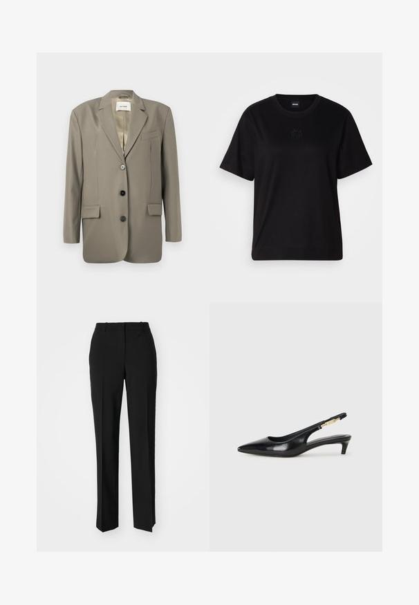Oversized grijze blazer met een gesneden revers, twee voork létels, drie zwarte knopen en een satijnen voering. Minimalistisch ontwerp met een gestructureerde vorm.; Zwarte katoenen t-shirt met een ronde hals, korte mouwen en een geborduurd logo op de borst. Eenvoudige, comfortabele pasvorm zonder patronen.; Zwarte op maat gemaakte broek met een recht model, voorzien van een soepele textuur en scherpe plooien aan de voorkant. Geen zichtbare hardware.; Zwarte leren slingback hakken met een spitse neus, voorzien van een slanke hak en een goudkleurige accent op de verstelbare band. Gladde textuur.