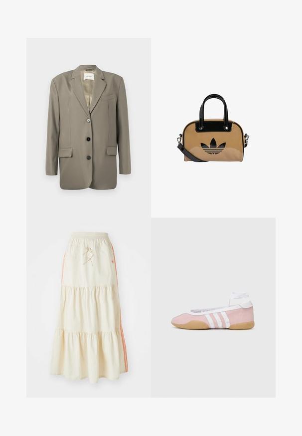 Prevelik sivi blejzer z izrezanim ovratnikom, dvema sprednjima žepoma, tremi črnimi gumbi in satensko podlogo. Minimalistična zasnova z strukturirano obliko.; Svetlo bež brezrokavnik iz rebraste tkanine, s krojnim ovratnikom in oprijetim krojem. Gladka tekstura z minimalnimi šivi.; Kremno obarvana midi krila v več plasteh z raztegljivim pasom in vrvico. Ima oranžne stranske črte in mehko, gladko bombažno teksturo.; adidas Originals TAEKWONDO MEI BALLET - Športni copati - clear pink/ftwr white/gum; Svetlo rjav torbica z črnimi lakastimi usnjenimi dodatki, zaobljene oblike, dvojni ročaji in izbočeno črno logotip na sprednji strani.