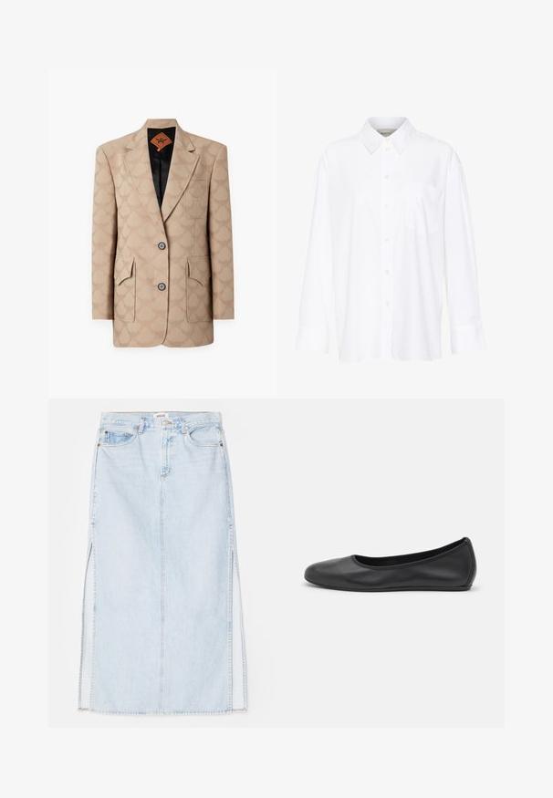 MCM Blazer - beige; White long-sleeve collared shirt made of cotton. Features a button-down front and a single chest pocket. Smooth texture, relaxed fit.; Light blue denim maxi skirt with a straight cut, featuring side slits and five-pocket design. Prominent stitching and metal button closure.; Black leather ballet flat with a rounded toe, smooth texture, minimal stitching detail, and a flexible sole design.