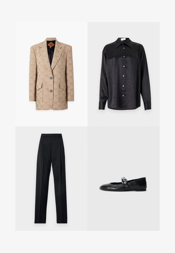 MCM Sacou - beige; Cămașă neagră cu mânecă lungă, cu guler, cu o textură șifonată, cu nasturi pe toată lungimea și manșete. Fabricată dintr-un material neted.; Pantaloni negri dintr-un material neted, cu talie înaltă, picioare largi, pliuri frontale și loop-uri clasice pentru curea. Fără buzunare laterale vizibile.; Balerini din piele neagră, cu vârful ascuțit, având o curea cu o cataramă metalică circulară și o talpă plată.