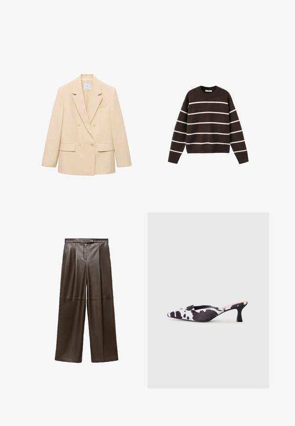 Bež blejzer s dvostrukim kopčanjem i izdignutim reverima, dva prednja džepa i jedan džep na prsima. Glatka tkanina i strukturiran oblik.; Smešani smeđi pulover s bijelim horizontalnim prugama, okruglim izrezom, dugim rukavima i rebrastim manžetama i rubom, izrađen od pletenog materijala.; Smeđe kožne hlače širokog kroja s glatkom teksturom, s nabranim detaljima sprijeda i klasičnim oblikom pojasom.; Cipele sa otvorenom petom i šiljastim vrhom u crno-bijelom uzorku kravlje kože. Gornjište od tkanine sa teksturiranim završetkom i uska crna potpetica.