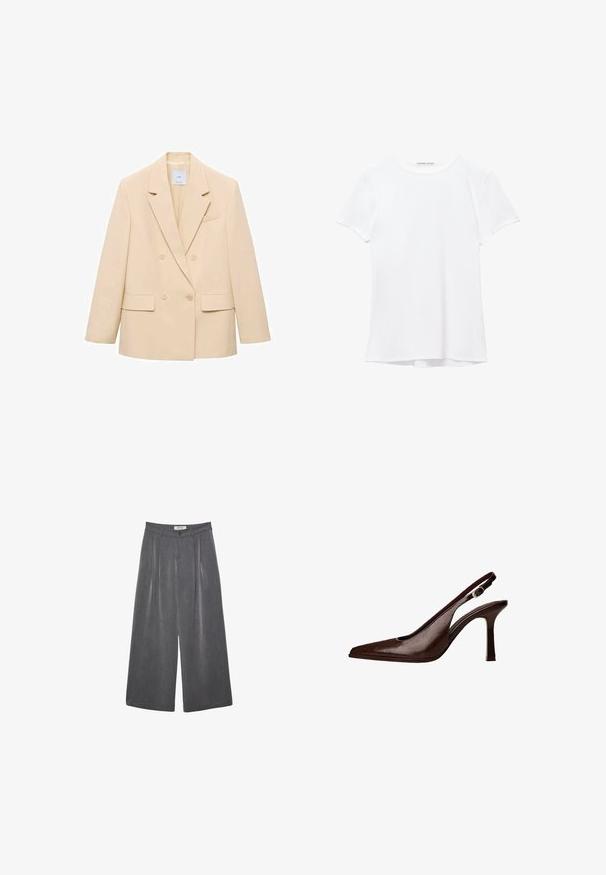 Bež žakardni blazer z dvojnim zapenjanjem in žepki, z dvema sprednjima žepoma ter enim žepom na prsih. Gladko blago z strukturirano obliko.; Bela kratka majica s kratkimi rokavi iz gladkega materiala, ki ima okroglo ovratnico in subtilne šive na robu.; Nabrane hlače širokega kroja v temnosivi tkanini z diskretno teksturo. Opremljene so z gumbom za zapiranje in klasičnim oblikovanjem pasu.; Rjava usnjena slingback čevlja s koničastim nosom in tankim petam. Ima majhno dekorativno sponko na traku in sijajno površino.