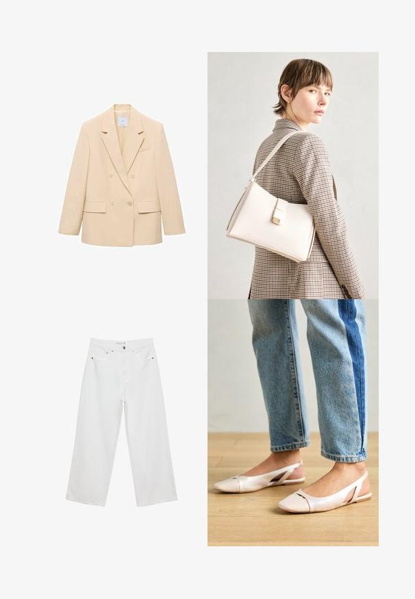 Bež blejzer s dvostrukim kopčanjem i izdignutim reverima, dva prednja džepa i jedan džep na prsima. Glatka tkanina i strukturiran oblik.; Bijela majica kratkih rukava s širokim okruglim izrezom i teksturiranim rebrastim uzorkom, izrađena od mekog materijala, s opuštenim krojem i čistim dizajnom.; Bijele široke traperice s visokim strukom, s pet džepova i metalnim detaljima. Glatka tekstura, bez vidljivih uzoraka.; Svijetlo ružičaste slingback balerinke s šiljastim vrhom, izrađene od glatkog materijala nalik koži. Sadrže izrezane detalje sa strane i ravnu petu.; Bijela kožna torba s čvrstim dizajnom, s magnetskim kopčanjem i remenom za rame, prikazana na neutralnoj pozadini.