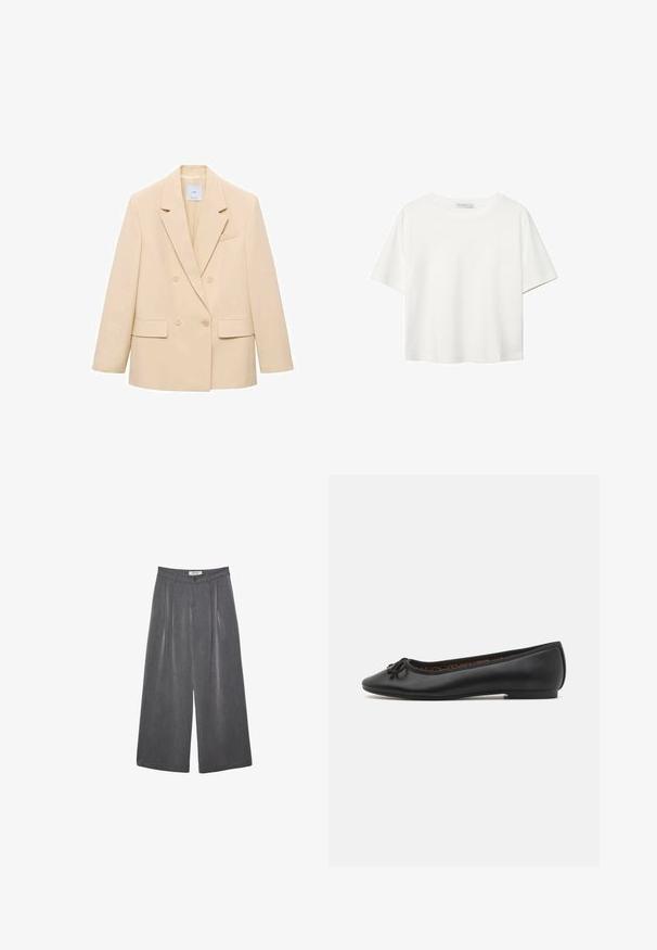 Beige kaksirivinen bleiseri, jossa on viistetyt hihat, kaksi etutaskua ja yksi rintatasku. Silkkinen kangas, jolla on jämäkkä muoto.; Valkoinen lyhythihainen T-paita, joka on tehty puuvillasta. Siinä on pyöreä kaula-aukko ja rento malli. Silkkinen pinta ilman näkyviä kuvioita tai koristeita.; Pleated leveleijoushousut tummanharmaasta kankaasta, jossa on hieno rakenne. Ominaisuuksina napin suljenta ja klassinen vyötärönauhan muotoilu.; Mustat nahka-baletit, joissa on terävä nenä, koristeellinen nauhadetail ja sileä pinta. Varustettu matalalla pohjalla mukavuutta varten.