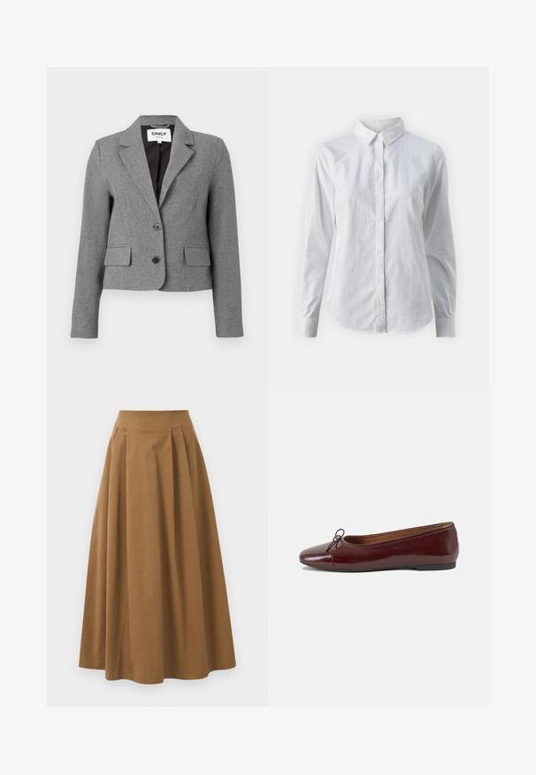 Gray fitted blazer with a checkered pattern, single-breasted design, two front pockets, and a notched collar. Includes two black buttons.; White button-up shirt made of smooth cotton, featuring a classic collar, long sleeves, and a curved hem. Buttons are small and white.; Brown cotton A-line skirt with a high waist, featuring pleats down the front and a smooth texture. Hem finishes are clean and simple.; Burgundy patent leather ballet flat with a rounded toe, small bow accent at the front, and a low, black rubber sole. Smooth texture.
