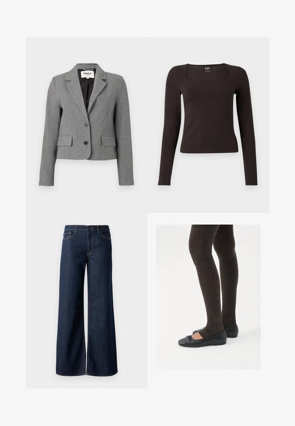 Šedý přiléhavý blazer s kostkovaným vzorem, jednoradový design, dvě přední kapsy a klopený límec. Obsahuje dva černé knoflíky.; Černý dlouhý rukáv, přiléhavý top se čtvercovým výstřihem, označený značkou GAP, vystavený na bílém pozadí.; Džínsy s širokými nohavicemi v tmavě modré barvě. Mají kontrastní švy, pět kapes a zapínání na knoflík v pase. Hladká textura.; Černé ploché boty s malou mašlí na špičce, kombinované s tmavě hnědými žebrovanými punčochami. Boty mají hladký povrch a nízký profil.