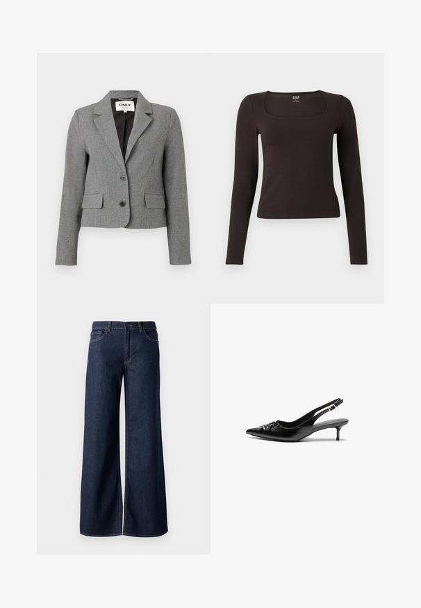 Blazer grigio aderente con motivo a quadri, design monopetto, due tasche frontali e colletto a rever. Include due bottoni neri.; Maglietta nera a maniche lunghe, aderente, con scollatura quadrata, etichettata GAP, esposta su uno sfondo bianco.; Jeans a gamba larga in denim blu scuro. Presentano cuciture a contrasto, cinque tasche e una chiusura con bottone in vita. Texture morbida.; Tacchi slingback in pelle nera con punta affusolata, piccolo tacco kitten e un dettaglio a nodo decorativo sulla parte anteriore. Texture liscia su tutta la superficie.