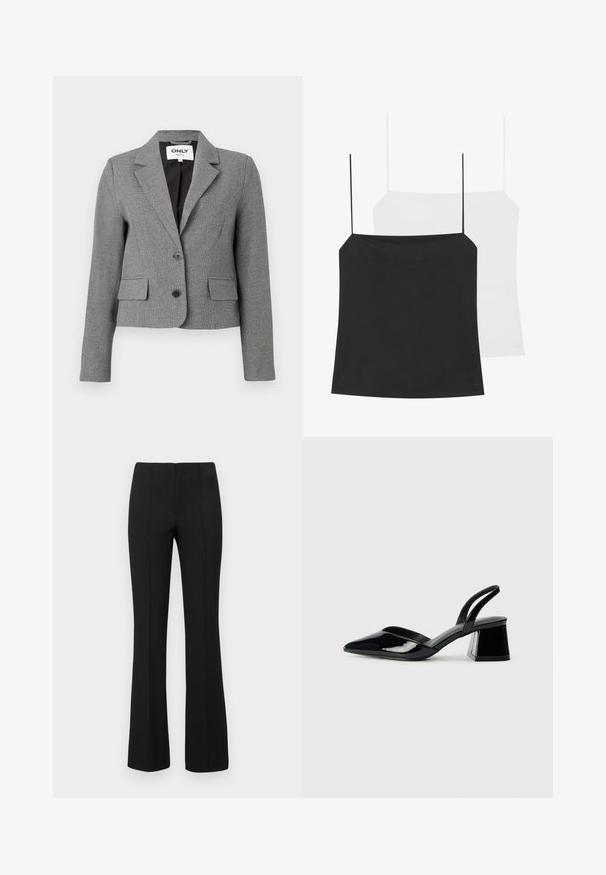 Blazer gri, ajustat, cu un model în carouri, design cu un singur rand de nasturi, două buzunare frontale și guler cu colțuri. Include două nasturi negri.; Două tops-uri de cămașă sunt prezentate: unul negru și unul alb. Ambele au bretele subțiri și un design ajustat realizat dintr-un material neted și elastic.; Pantaloni negri evazați cu o textură nervurată și talie ajustată. Designul include cusături verticale pentru un aspect elegant. Fără hardware vizibil.; Pantofi cu toc slingback din piele lacuită neagră, cu vârf ascuțit și toc geometric. Prezintă un design elegant, minimalist și o textură netedă.