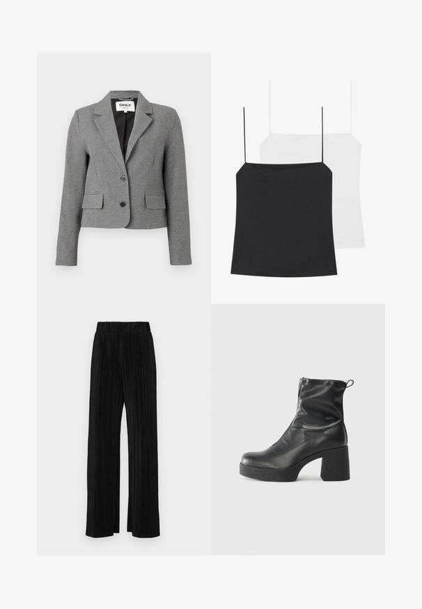 Grå skräddarsydd kavaj med rutigt mönster, enkelknäppt design, två framfickor och klockad krage. Inkluderar två svarta knappar.; Två linnen visas: ett svart och ett vitt. Båda har tunna axelband och en figursydd design gjord av ett slätt, elastiskt tyg.; Svarta plisserade byxor med resårmidja. Har vida ben och ett mjukt, texturerat material med vertikala ränder.; Svarta ankelstövlar i slitstark läder, med sidodragkedja, kraftig strukturerad klack och rundad tådesign.