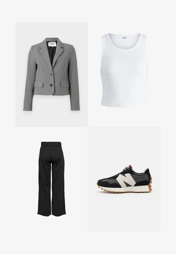 Grijs colbert met een geruite patroon, een enkele knoopsluiting, twee voorzakken en een gekartelde kraag. Inclusief twee zwarte knopen.; Witte geribbelde tanktop met een ronde hals, zonder mouwen en een cropped lengte. Label draagt "JJXX." Gladde stoftextuur.; Zwarte, wijde broek met een elastische tailleband, gemaakt van gladde stof. Heeft een strakke uitstraling zonder zakken of zichtbare stikseldetails.; Zwarte en grijze suède sneaker met een groot crèmekleurig "N"-logo, paarse veters en een gestructureerde rubberen zool van gum.