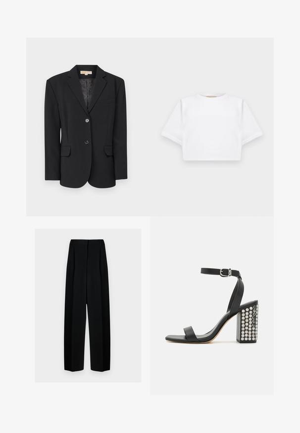 MICHAEL Michael Kors OVERSIZED - Suknjič - black; Kratka bela majica iz mehkega materiala, s kratkimi rokavi, okroglega izreza in rebrastimi robovi. Preprost in neokrašen dizajn.; Črne široke hlače z visokim pasom, ki vključujejo naborke in gladko teksturo. Tkanina se zdi lahka in elegantno pada.; Črne usnjene sandale s peto in zankami okoli gležnja. Imajo kvadratno konico, gladko teksturo in kvadratno blok peto, okrašeno z odličnimi srebrnimi žebljički.