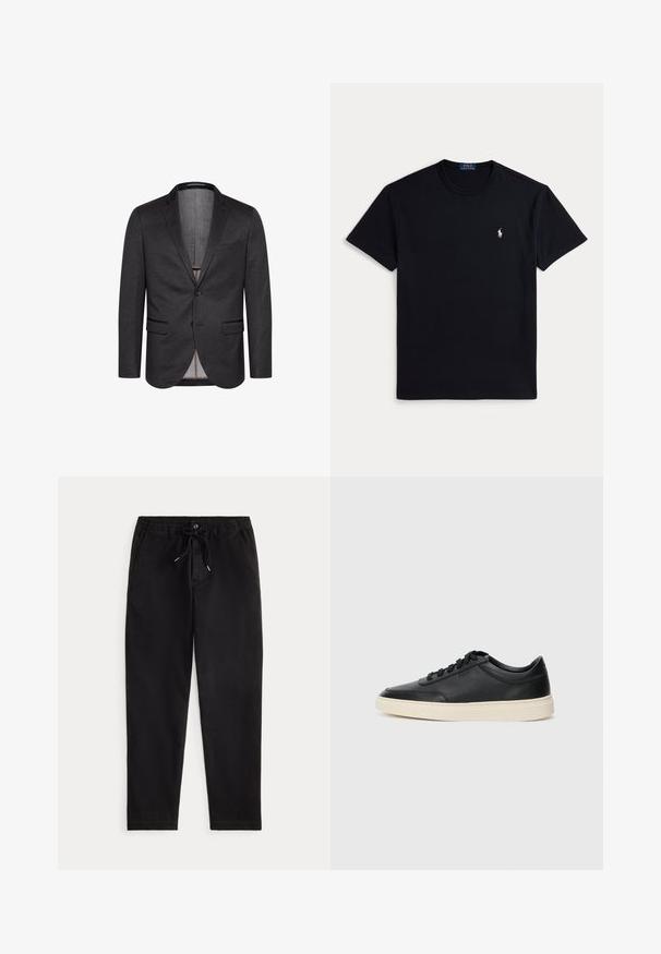 Ciemnoszara marynarka z teksturowanej tkaniny, z przodu zapinana na dwa guziki, z klapami typu notch oraz dwiema kieszeniami z przodu. Zawiera rozcięcie z tyłu.; Czarny bawełniany t-shirt z okrągłym dekoltem, krótkimi rękawami i małym haftowanym logo na lewej piersi. Gładka faktura.; Czarne casualowe spodnie z elastycznym pasem, sznurkiem do regulacji, guzikiem z przodu oraz bocznymi kieszeniami, zaprezentowane na jednolitym tle.; Czarne niskie skórzane sneakersy z czarnymi sznurówkami i off-white podeszwą, prezentowane w profilu bocznym na białym tle.