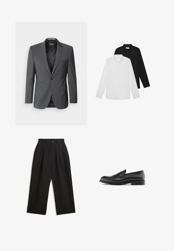 Šedý přizpůsobený sako s klopami, uzavírání na jeden knoflík, dvě přední kapsy a hladká podšívka.; Bílé a černé dlouhé rukávy s špičatými límečky, předními knoflíky a hladkou texturou látky. Etikety viditelné na vnitřní straně límce.; Černé kalhoty s uvolněným střihem, s průhyby v přední části, bočními kapsami a zapínáním na knoflík. Vyrobené z texturované látky.; Černé kožené penny loafers s nízkým podpatkem, zaoblenou špičkou a prošíváním podél svršku, zobrazené v bočním profilu na bílém pozadí.