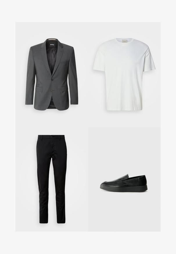 Szürke, szabott blézer, kerekített hajtókákkal, egy gombos záródással, két elülső zsebbekkel, és sima belső béléssel.; Sima fehér, rövid ujjú, kerek nyakú póló, az élénk Calvin Klein címkével a gallér belső részén, semleges háttéren kiemelve.; Fekete, slim fit nadrág, sima szövetből készült. Gombos derékrésszel és egyenes lábakkal rendelkezik.; Calvin Klein HYBRID CUP - Belebújós cipők - triple black