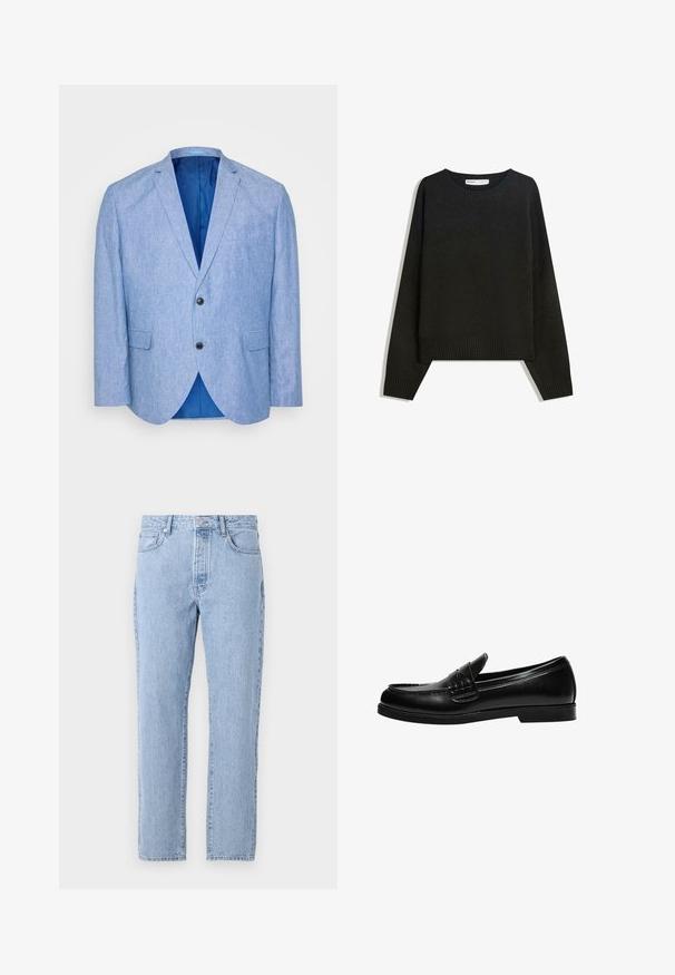 Blazer bleu clair en tissu texturé. Présente un revers cranté, deux boutons noirs et une doublure bleue à l'intérieur. Poche poitrine unique.; Pull en maille noir avec un col rond, des poignets et un ourlet côtelés. La coupe est ample avec des épaules tombantes pour un fit décontracté.; Jean en denim bleu clair avec une coupe droite, cinq poches et une fermeture à bouton. Texture douce avec une finition vieillie classique.; Mocassin en cuir noir avec une finition lisse, featuring un détail de couture sur le devant et une semelle en caoutchouc noir solide et basse.