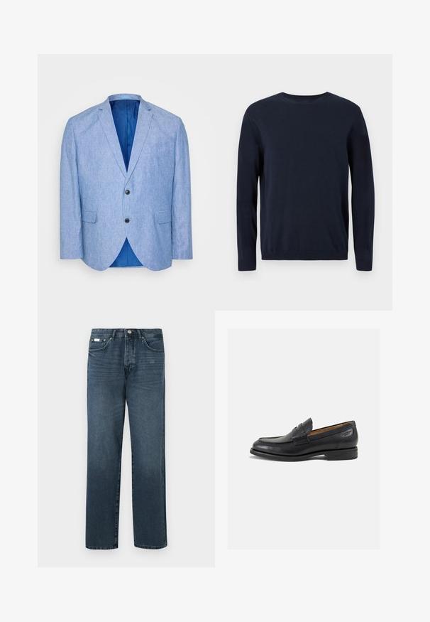 Ανοιχτό μπλε σακάκι φτιαγμένο από υφασμένο ύφασμα. Διαθέτει πέτο με εγκοπή, δύο μαύρα κουμπιά και μπλε επένδυση εσωτερικά. Έχει μία τσέπη στο στήθος.; Ναυτικό μπλε πλεκτό πουλόβερ με μακριά μανίκια, στρογγυλή λαιμόκοψη και ριμπ μανσέτες και στριφώματα. Διαθέτει ένα μικρό λογότυπο στο στήθος.; Σκούρα μπλε τζιν παντελόνια με ίσια γραμμή, πέντε τσέπες, θηλιές για ζώνη και φερμουάρ. Λείο υλικό με απαλές λεπτομέρειες ξεθωριάσματος.; Μαύρα δερμάτινα loafers με λείο φινίρισμα, στρογγυλή μύτη και διακοσμητική ραφή στη μπροστινή πλευρά. Χαμηλός σωρός και ελαφριά γυαλάδα.