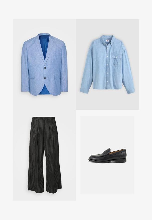 Hellblaues Blazer aus strukturiertem Stoff. Verfügt über einen Reverskragen, zwei schwarze Knöpfe und blaue Futter innen. Einzelne Brusttasche.; Himmelblaues Hemd mit Knopfverschluss aus Chambray-Stoff. Verfügt über einen Kragen, lange Ärmel und eine Brusttasche mit Klappe und Knopf.; Schwarz gestreifte weite Hose mit Falten, im taillierten Design und mit weichem Material. Keine sichtbaren Beschläge oder Akzente.; Schwarze Leder Slipper mit glatter Oberfläche, runder Spitze und dekorativer Naht auf dem Vorderblatt. Niedriger Blockabsatz und leichter Glanz.