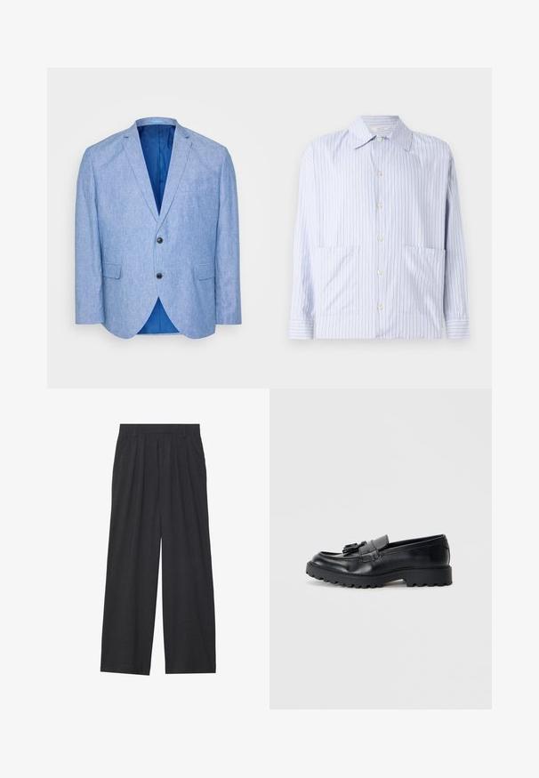 Šviesiai mėlynas saketas, pagamintas iš tekstūruotos medžiagos. Savybės: išpjovinė apykaklė, du juodi sagos ir mėlynas pamušalas viduje. Viena krūtinės kišenė.; Šviesiai mėlynas ir baltas dryžuotas ilgomis rankovėmis marškinis, su klasikiniu apykakle, mygtukų priekiniu uždarymu ir dviem priekiniu kišenėm. Sklandus medvilnės audinys.; Tamsiai pilkos spalvos plačios kojos kelnės. Su klostėmis ties juosmeniu, pritaikyta konstrukcija ir tiesi siluetas.; Juodi odiniai loafersai su blizgiu paviršiumi, storiu guminiu padu ir dekoratyviniais kutais priekyje.