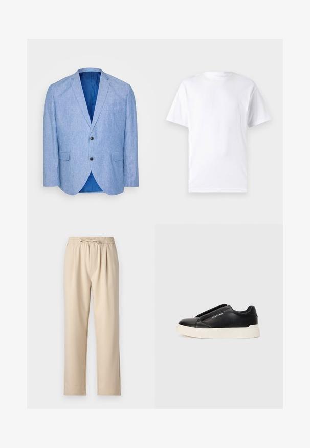 Svijetloplava blazer jakna napravljena od teksturiranog materijala. Ima odrezani ovratnik, dva crna gumba i plavu podlogu unutra. Jedan džep na prsima.; Bijela kratka majica s kratkim rukavima od pamuka s okruglim izrezom, s glatkom teksturom i jednostavnim dizajnom bez uzoraka ili naglasaka.; Bež hlače s elastičnim pojasom i uzicom, ravnog kroja, izrađene od mekog i glatkog materijala.; Crne slip-on tenisice s teksturiranim kožnim gornjištem, bijelim gumeni potplat i bez vidljivih vezica. Sadrži logotip marke sa strane.