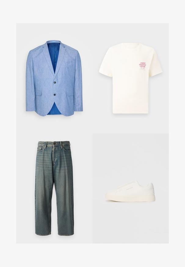 Heled sinine bleiser, valmistatud tekstureeritud kangast. Omab lõikega kraed, kahte musta nööpi ja sinist voodrit seespool. Üks rindadekott.; Valge lühikeste varrukatega T-särk, millel on vasakul rinnal punane tekst "Studio Originals Edition", esitatud neutraalsel hallil taustal.; Heledad sinine denim-stiilis teksad, volüümse lõike, keskmise kõrgusega talje ja sirgete säärega. Omab viit taskut, vöökumme ja nööpide sulgemist.; Valged libisemiskindlad tossud tekstuuriga pinnaga, paksu tallaga ja minimalistikus disainis. Küljel on brändi logo.