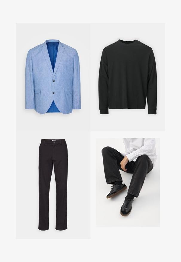 Gaiši zils bleizeris, kas izgatavots no teksturēta auduma. Tam ir uztverta atlocīta apkakle, divi melni pogas un zila oderējuma iekšā. Viena krūšu kabata.; Garās piedurknes melna T-kreklā, izgatavota no kokvilnas, ar apaļu kakla izgriezumu, brīvu piegriezumu un ribotām piedurknēm. Gluda tekstūra bez redzamām rakstainēm.; Melnas kokvilnas bikses ar taisnu kāju dizainu, ar priekšējo pogu aizdari un sānu kabatām. Gluda tekstūra un minimāls noformējums.; Melnas sporta kurpes ar gludu un teksturētu virsu, apgādātas ar gumijas zoli un tumšiem auklām. Saskaņotas ar melniem džinsiem un baltu svītrainu krekls.