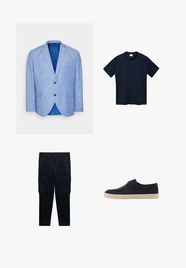 Blazer azzurro chiaro realizzato in tessuto testurizzato. Presenta un rever a punta, due bottoni neri e foderatura blu all'interno. Taschino sul petto.; T-shirt a maniche corte di colore blu navy realizzato in morbido cotone, con scollo rotondo e orlo dritto senza motivi visibili.; Pantaloni cargo blu navy in cotone, dotati di tasche laterali, una tasca con zip e passanti per cintura; design a gamba dritta con orli a risvolto.; Scarpa in suede blu navy con punta rotonda, due fori per i lacci e suola in gomma crema. Texture liscia e design minimalista.