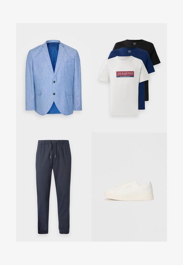 Lys blå blazer laget av teksturert stoff. Har spiss krage, to svarte knapper og blåfôring på innsiden. Enkel brystlomme.; Tre stablede kortermede t-skjorter med rund hals i hvit med rød og blå logo, marineblå og svart, vist på hvit bakgrunn.; Marineblå tapered joggebukser med elastisk midje, snøring og elastiske mansjetter, laget av et glatt og lett stoff.; Hvite slip-on joggesko med teksturert overflate, tykk såle og minimalistisk design. Har merkevarelogo på siden.