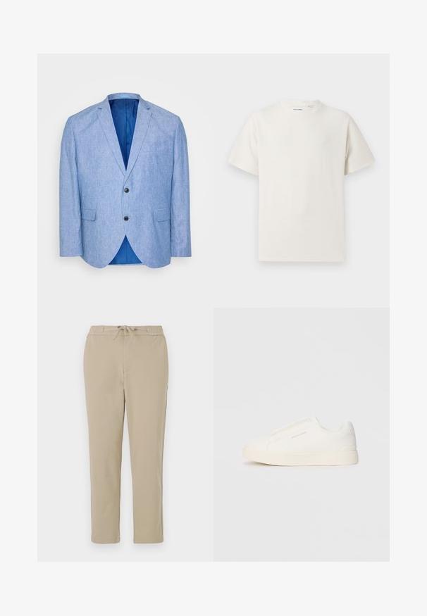 Lys blå blazer laget av teksturert stoff. Har spiss krage, to svarte knapper og blåfôring på innsiden. Enkel brystlomme.; Hvit T-skjorte med kort erm i ribbestrikket tekstur. Rund hals, avslappet passform, ingen synlige mønstre eller detaljer. Enkelt og allsidig design.; Beige loungebukser med elastisk linning og snor, med tilbakeholdt design av rett ben og myk, glatt tekstur.; Hvite slip-on joggesko med teksturert overflate, tykk såle og minimalistisk design. Har merkevarelogo på siden.