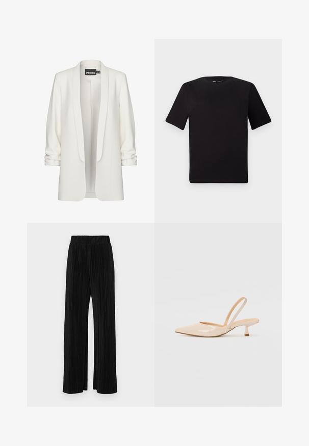 White blazer with a smooth fabric, open front, and rolled sleeves. Features a minimalist design and no visible fastenings or patterns.; Black short-sleeve t-shirt with a round neckline, crafted from soft cotton fabric. Simple design, no visible logos or patterns.; Black pleated trousers with an elastic waistband. Features wide legs and a smooth, textured fabric with vertical stripes.; Beige patent leather slingback heels with pointed toe and a slim, square heel. Smooth texture and minimalist design with no embellishments.