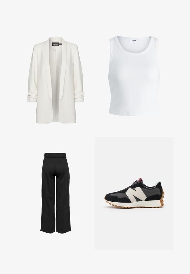 Fehér blézer sima anyagból, nyitott elülső résszel és felgöngyölt ujjakkal. Minimalista dizájn jellemzi, látható záródások vagy minták nélkül.; Fehér bordás ujjatlan top, kerek nyakkivágással és rövid hosszal. A címke szerint "JJXX". Sima szövettextúra.; Fekete, bővülő szárú nadrág, elasztikus derékkal, sima anyagból készült. Tiszta dizájn jellemzi, zsebek és látható varrási részletek nélkül.; Fekete és szürke velúr sportcipő nagy krémszínű "N" logóval, lila fűzőkkel és texturált gumi talppal.