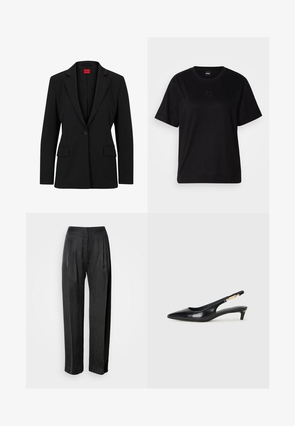 Fekete blézer, amelynek hajtott gallérja és egy gombos záródása van. Két elülső zsebbel rendelkezik, és sima bélése finom mintázatú.; Fekete pamut póló kerek nyakkivágással, rövid ujjakkal és hímzett logóval a mellkasán. Egyszerű, laza szabás, minta nélkül.; Fekete, széles szárú nadrág sima anyagból, elöl redőkkel, cipzáras elülső résszel és klasszikus derékrész kialakítással.; Fekete bőr slingback magassarkúk, hegyes orral, vékony sarkakkal és arany színű részlettel a állítható pánton. Simа felület.