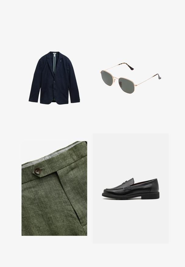Blazer blu navale realizzato in tessuto texturizzato, con chiusura a due bottoni, due tasche frontali e foderato con una striscia.; Camicia a maniche lunghe a righe blu chiaro con colletto e polsini bianchi, dotata di chiusura con bottoni sul davanti e orlo curvo. Tessuto dalla texture liscia.; Pantaloni in lino verde oliva con piega frontale, dotati di chiusura con bottone e una fodera a quadretti a contrasto nella cintura.; Mocassini sintetici neri con una spessa cucitura frontale, soletta imbottita e suola piatta in gomma; design elegante con dettagli minimi.; Occhiali da sole con montatura in metallo dorato e lenti verde scuro, stile aviator, con aste sottili e dettagli in tartaruga sulle punte.