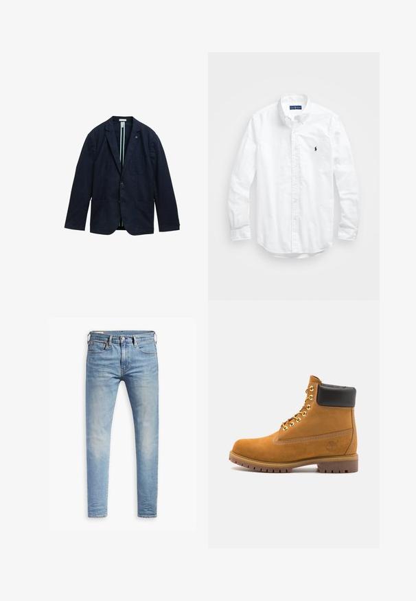 Sötétkék blézer, texturált anyagból, kétgombos elülső részel, két elülső zsebbel és csíkos béléssel.; Fehér, hosszú ujjú, gombos férfiing pamutból. Klasszikus gallérral, gombos mandzsettával és egy kis sötétkék hímzett logóval a mellrészen.; Fekete, túlméretes póló sötétszürke "ALLSAINTS" felirattal a mellkason, alatta kisebb betűkkel "LONDON" felirattal.; Világoskék, slim fit farmernadrág enyhe kopással a combokon, elöl gombos záródással, övbujtatókkal és öt zsebbel, fehér háttérrel.; Barna velúr bokacipő fekete párnázott gallérral, arany fém fűzőlyukakkal, fehér varrási részletekkel és durva gumitalppal, amelynek kifejezett barázdái vannak.