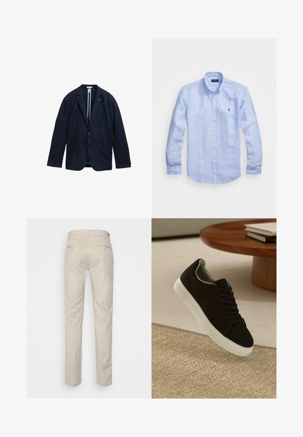 Blazer azul marino hecho de tela texturizada, con un frente de dos botones, dos bolsillos delanteros y un forro interior a rayas.; Camisa de manga larga a rayas azul y blanca hecha de algodón, con cuello de botón, botones en el frente y un pequeño logo bordado en el pecho.; Pantalones beiges con una textura suave, corte recto, dos bolsillos traseros con botones y una cinturilla estándar.; Zapatilla negra con suela blanca flotando sobre una alfombra texturizada beige cerca de una mesa redonda de madera con libros apilados.