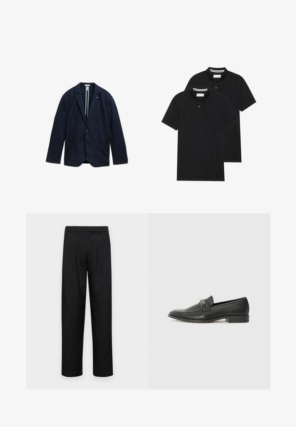 Blazer blu navale realizzato in tessuto texturizzato, con chiusura a due bottoni, due tasche frontali e foderato con una striscia.; Due magliette polo nere, con maniche corte, in cotone, con colletto classico, pattina a due bottoni e dettagli a righe bianche all'interno del colletto.; Pantaloni neri realizzati in tessuto liscio, caratterizzati da un taglio dritto, due pieghe frontali e una vita standard con passanti per la cintura.; Mocassino in pelle nera con finitura liscia, caratterizzato da un design cucito e da un accento decorativo in catena metallica sul vamp. Tacco piatto.