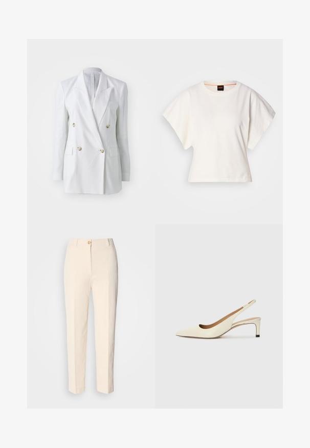 Blazer alb din in cu dubla închidere, prezentând nasturi de culoare aurie, două buzunare frontale și un design cu rever retezat. Textură netedă cu o croială bine definită.; Tricou alb scurt, cu mâneci scurte și largi, din bumbac moale, cu decolteu rotund și un finisaj subtil portocaliu, design minimalist, fără modele sau grafice.; Pantaloni crem, cu talie înaltă, dintr-un material texturat. Au închidere cu nasture în față și picioare conice.; Sandal cu vârful ascuțit, tip slingback, din piele albă, cu toc jos și design decupat, având o textură fină și accente minime.