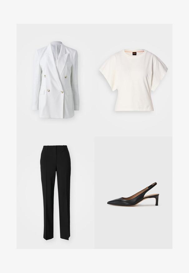 Hvid linned, dobbeltradet blazer med guldfarvede knapper, to forlommer og design med spids revers. Glat tekstur med struktureret pasform.; Hvid cropped T-shirt, korte brede ærmer, blødt bomuldsstof, rund halsudskæring med diskret orange kant, minimalistisk design uden mønstre eller grafik.; Sorte skræddersyede bukser med lige ben-design, der har en glat tekstur og skarpe folder langs fronten. Ingen synlige hardware.; Sort læder slingback pumpe med spids tå, lav hæl og en glat overflade. Har en tynd justerbar rem for en sikker pasform.