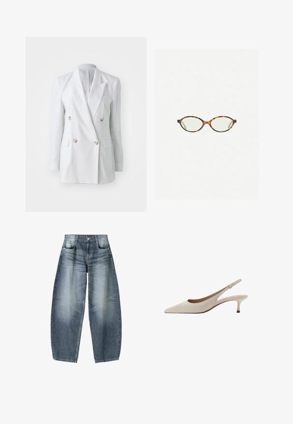 Bela lanena dvoredna srajca z zlatimi gumbi, dvema sprednjima žepoma in oblikovanim ovratnikom. Gladka tekstura s strukturiranim krojem.; Bela dolga majica za ženske z čolnastim izrezom, nagubanim pasom in rahlo prilegajočo silhueto.; Široke kavbojke iz svetlo modrega denima s postopnim zbledeljem, z zasnovo petih žepov, gumbom za zapiranje in minimalnimi podrobnostmi šivanja.; Bež sandale s peto, ki se zavezuje za peto, z izostrenim nosom in nizko, razširjeno peto. Narejene iz gladke usnje z minimalisticnim dizajnom in prilagodljivo zanko.; Kornjačaste očala z ovalnimi lečami in gladko, sijočo površino. Imajo tanke stranice z rahlim ovinkom na templjih. Prosojne leče.