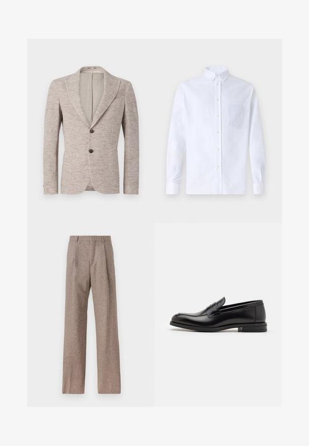Gaišbrūns pielāgots žakets ar teksturētu, austu izskatu. Divi pogas, apkakles ar iegriezumiem un sānu kabatām. Minimalistisks dizains.; Balts garo piedurknēm krekliņš ar pogām, izgatavots no kokvilnas, ar krūšu kabatu ar tonālu izšuvumu, apkakli un pogām pie piedurknēm.; Brūni, augstos šortos izgatavoti no teksturēta auduma. Iezīmē plašas kājas un divas priekšējās krokas, kas nodrošina struktūru. Kārtīga apdare bez redzamām detaļām.; Melnas ādas kurpes ar gludu tekstūru, noapaļu purngalu un dekoratīvu siksniņu pāri priekšpusei. Zems sakrauts papēdis, minimālisma dizains.