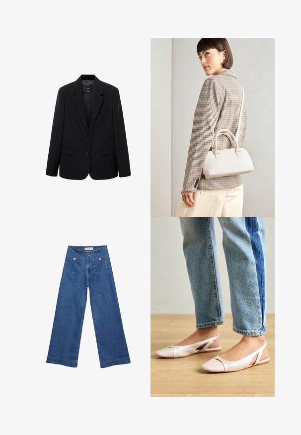 Mustat raidalliset bleiserit, joissa on lovetut kaulukset, etupainikkeet ja kaksi etutaskua. Valmistettu sileästä kankaasta, joka on muotoiltu hyvin.; Valkoinen pitkähihais t-paita ribbikankaasta, jossa on pyöreä kaula-aukko ja suora helma. Yksinkertainen, yhtenäinen muotoilu.; Denim leveled-leg farkut keskisinisellä pesulla, kahdella etupussilla, joissa on nappisuljenta, ja ommelluilla yksityiskohdilla helmoissa.; Vaaleanpunaiset slingback-ballerinat, joissa on terävä kärki, valmistettu sileästä nahkamaisesta materiaalista. Sivujen leikkuuyksityiskohdat ja tasapohja.; Valkoinen rakenteellinen käsilaukku, jossa on lyhyet kahvat ja olkahihna, varustettu kultaisilla metalliosilla ja tekstuurilla, esillä harmaata taustaa vasten.