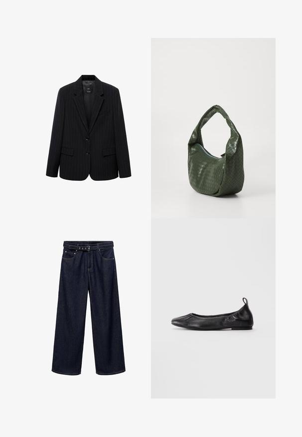 Czarna marynarka w prążki z wyłamią klapową, zapinana na guziki z przodu i z dwiema kieszeniami z przodu. Wykonana z gładkiego materiału o dopasowanym kroju.; Asymetryczny beżowy top wykonany z gładkiego materiału, z dekoltem na szyję, drapowanym przodem i zapięciem na guziki z tyłu, ozdobiony wiązaniem na dole.; Ciemnoniebieskie dżinsy o szerokich nogawkach. Posiadają pasek w talii z wieloma guzikami, kieszenie z przodu oraz estetyczne wykończenie na mankietach.; Czarne skórzane baleriny z okrągłym czubkiem, zebranymi elastycznymi bokami i pętelką na pięcie, prezentowane na jasnym tle.; Zielona torba ze splecioną skórą, z zaokrąglonym uchwytem i zamknięciem na zamek. Posiada fakturowaną, wzorzystą powierzchnię oraz miękki, opadający kształt.